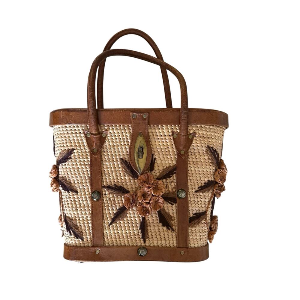 1960s Vintage Woven Straw Leather Floral Handbag Tote Purse Collectible Bag